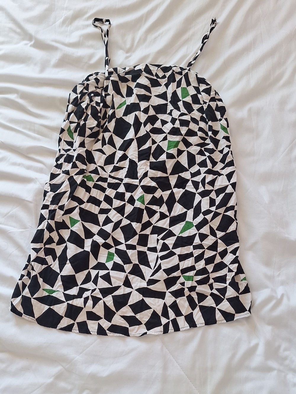 60's Geometric Black & White Pattern Summer Dress with Green Accents